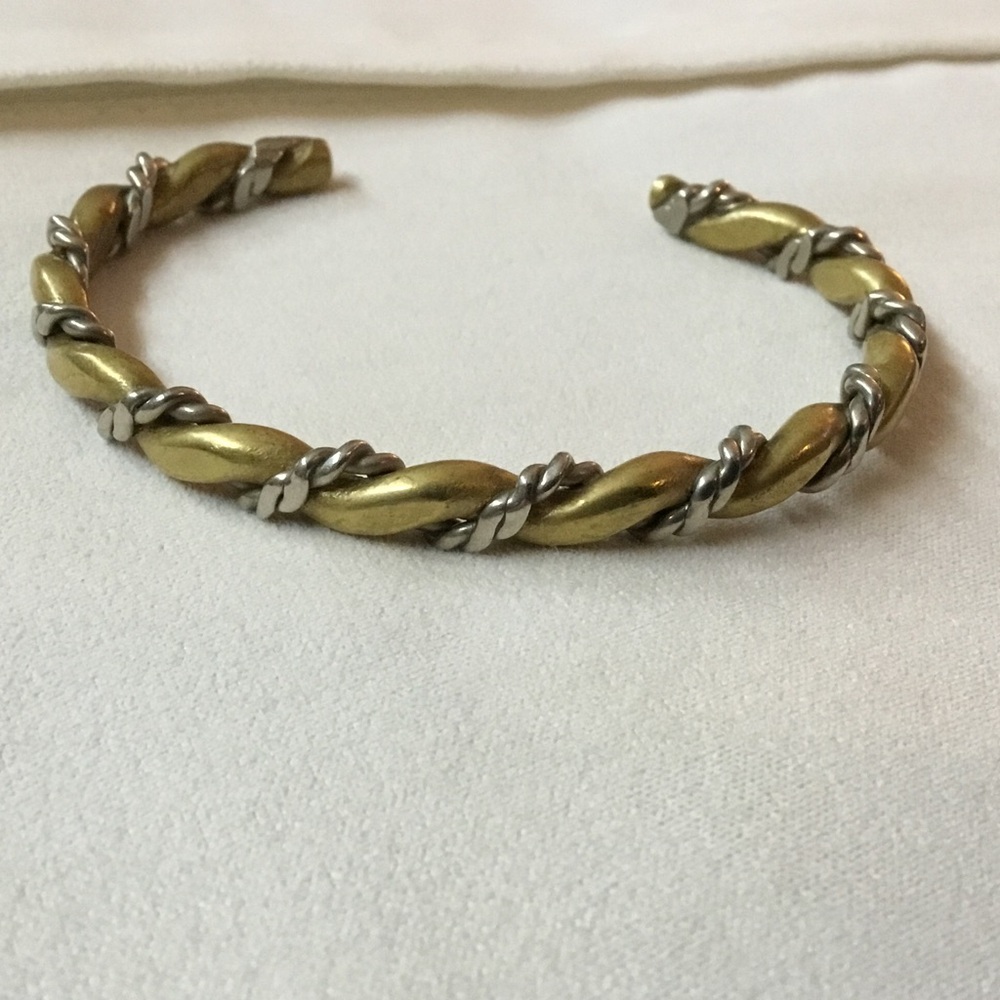 Vintage Brass Silver Plated Twisted Scrolled Bangle Cuff Bracelet
